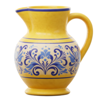 A charming yellow ceramic pitcher, adorned with a delightful blue floral pattern, evokes a rustic Mediterranean feel. Its elegant curves and handcrafted style create a warm, inviting atmosphere. png