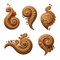 Intricate swirls in rich brown and beige clay create a charming, decorative set. Each piece showcases unique patterns and organic shapes, evoking warmth and artistry. png