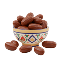 A vibrant bowl brimming with dates, their rich brown tones accentuated by the colorful, patterned bowl. The scene evokes warmth and a sense of abundance. png