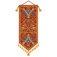 A vibrant tapestry hangs, showcasing an intricate autumnal floral design. Warm oranges, reds, and blues shimmer in a dazzling beaded pattern, creating a rich, luxurious feel. png