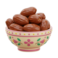 A charming bowl, adorned with floral designs, overflows with plump, glossy dates. Warm, inviting, and subtly sweet. png