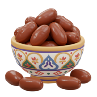 A vibrant bowl, adorned with intricate patterns, overflows with plump, glossy dates. The warm colors and rich textures create a delightful and inviting scene. png