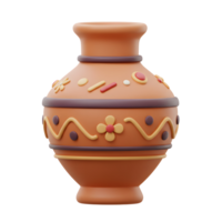 A delightful, 3D-rendered clay vase showcases a charming array of hand-painted floral and geometric patterns in warm, earthy tones. It exudes a rustic, handcrafted feel. png