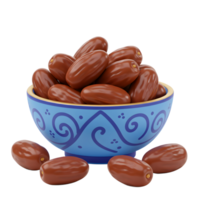A blue and gold bowl overflows with plump, glistening dates. The rich brown of the fruit contrasts beautifully with the vibrant bowl, creating a warm and inviting image. png