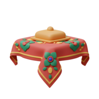 A cheerful, 3D-rendered scene shows a small square table adorned with a vibrant tablecloth featuring colorful floral designs. A golden covered dish sits atop, adding to the playful mood. png