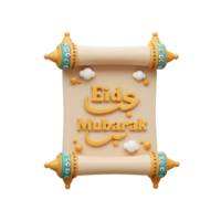 A charming 3D rendered scroll displays a warm Eid Mubarak message. Pastel colors and ornate detailing create a festive, joyful mood. png