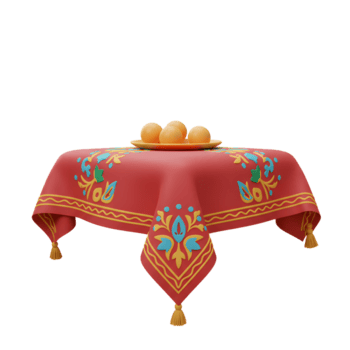 A cheerful scene Four oranges rest on a richly patterned red tablecloth, adding a pop of color and simple elegance. png