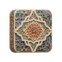 A captivating square tile showcases a mesmerizing blend of colors and textures. Intricate Islamic geometric patterns are framed by a cream border, creating a rich, warm mood. png