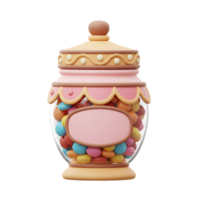 A delightful candy jar, adorned with pastel colors and whimsical details, overflows with vibrant sweets. The cheerful scene evokes a sweet and playful mood. png