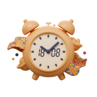 A cheerful, pastel colored alarm clock is playfully adorned with swirling floral patterns and small, colorful spheres. It evokes a lighthearted and happy mood. png