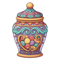 A charming glass jar, adorned with intricate swirling patterns and filled with colorful candies, evokes a joyful and sweet atmosphere. The vibrant hues and detailed design create a delightful visual. png