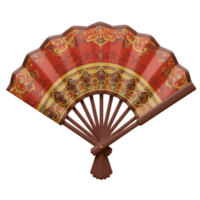 An elegant hand fan unfolds, showcasing a vibrant red and gold patterned design. Intricate details and a rich, warm color palette create a luxurious feel. png