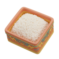 A delightful bowl of fluffy white rice sits within a charming, peach-colored container adorned with intricate Asian-inspired designs. The scene evokes a sense of warmth and simple elegance. png