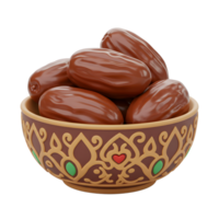 A richly decorated bowl overflows with glistening dates, their warm brown tones creating a comforting and inviting still life. The detailed bowl adds a touch of elegance. png