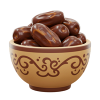 A rustic, patterned bowl overflows with glistening dates, their rich brown hue bathed in soft light. A simple yet elegant still life. png