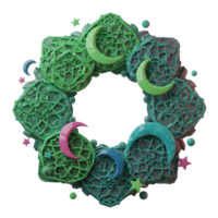 A vibrant teal wreath, adorned with colorful crescent moons and stars, creates a joyful and festive Islamic-inspired design. Intricate geometric patterns add a touch of elegance. png