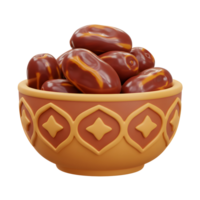 A charming bowl, adorned with geometric patterns, overflows with plump, glistening dates. Warm, inviting, and subtly sweet. png