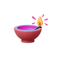 A vibrant, stylized 3D diya glows with a warm, inviting flame. The layered design and playful bursts of light create a cheerful, festive mood. png