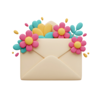 Pastel-colored flowers playfully spill from a cream envelope, creating a cheerful and sweet 3D image. A charming, springtime vibe. png