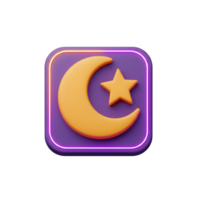 A captivating 3D icon showcases a glowing crescent moon and star, set against a rich purple backdrop within a neon frame. Nighttime charm png