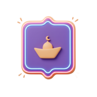 A vibrant 3D icon showcases a peach-colored mosque dome with a crescent moon, set against a purple background and framed by a neon light effect. Warm, inviting, and symbolic. png