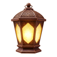A captivating, ornate metal lantern glows warmly, its intricate design casting a magical ambiance. The warm light shines through the frosted glass panels, creating a serene and inviting mood. png