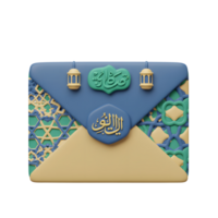 A stylized 3D envelope features elegant Islamic calligraphy, intricate geometric patterns in calming teal and beige, and delicate hanging lanterns. A serene and festive design. png