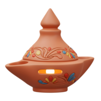 A charming terracotta oil lamp, adorned with vibrant hand-painted floral motifs, glows softly. Its warm light and intricate details create a cozy, inviting atmosphere. png
