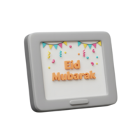 A charming tablet displays a joyful Eid Mubarak message, adorned with colorful confetti and festive flags, creating a celebratory and cheerful mood. png