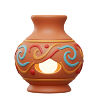 A charming terracotta lamp, adorned with vibrant swirling patterns, glows softly. Its whimsical design and warm light create a cozy, inviting atmosphere. png