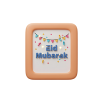 A charming 3D-rendered image A peach frame displays 'Eid Mubarak' amidst colorful confetti and bunting, creating a joyful, celebratory mood. png