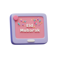 A cheerful 3D-rendered tablet displays a vibrant 'Eid Mubarak' message, adorned with pastel bunting and confetti. Joyful and celebratory png