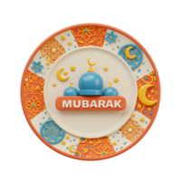 A cheerful 3D rendered plate displays a mosque, stars, and moons. Warm colors and intricate patterns create a celebratory Eid Mubarak design. png