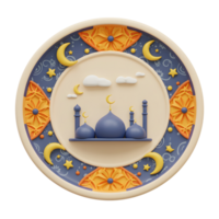 A whimsical 3D plate depicts a serene nightscape. A charming mosque under a crescent moon and stars sits at the center, encircled by beautiful floral patterns. Peaceful and festive. png