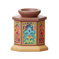 A captivating hexagonal incense burner showcases vibrant, colorful Islamic-inspired patterns. Its intricate detailing and warm hues create a serene and inviting atmosphere. png