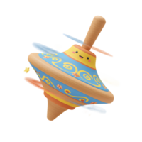 A cheerful wooden top spins, its blue and yellow design a vibrant blur against a white background. Sparkling stars trail its playful journey, creating a joyful, whimsical scene. png