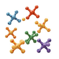 A vibrant cluster of colorful jackstones, each adorned with playful polka dots, creates a cheerful and energetic scene. The bright hues and playful arrangement evoke a sense of fun and childhood joy. png