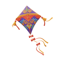 A cheerful, colorful kite with intricate patterns dances in the air, its playful design promising joyful flights. The rich colors and whimsical details create a lighthearted mood. png