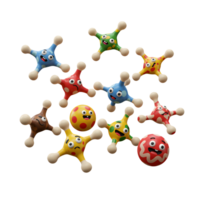 Joyful, colorful polka-dotted creatures float playfully, each with a unique expression. Their bright colors and cheerful faces create a fun, lighthearted mood. png