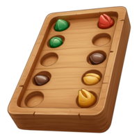 A charming wooden Mancala board game features vibrant colored stones nestled in its carved recesses. The rustic design and playful colors create a warm and inviting atmosphere. png