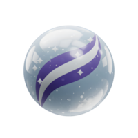 A captivating glass marble features elegant, swirling purple and white stripes against a light blue background. Tiny stars add a touch of magic, creating a serene and dreamy atmosphere. png