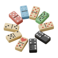 A cheerful collection of dominoes forms a vibrant circle, each tile showcasing unique designs and colors, creating a playful and lighthearted mood. png