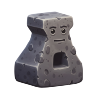 A charming cartoon anvil, crafted from stone, boasts a friendly face. Its textured surface and subtle expression create a whimsical, inviting mood. png