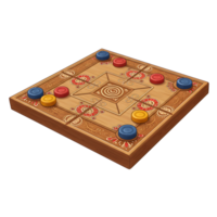 A charming, intricately decorated carrom board game awaits Colorful playing pieces sit ready on a rich wooden surface adorned with folk-inspired art. Playful and inviting png