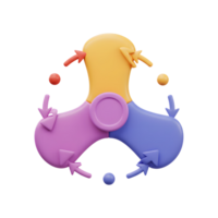 A vibrant, playful 3D rendering of a tri-spinner toy in pastel colors. Arrows suggest its spinning motion. Fun and whimsical png