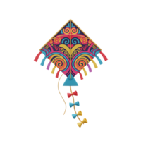 A cheerful, colorful kite with swirling patterns and bright ribbons dances against a white background. Its intricate design evokes a joyful, celebratory mood. png