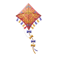 A cheerful pink kite, adorned with intricate golden patterns and colorful tassels, floats playfully. Its 3D design exudes a whimsical charm. png