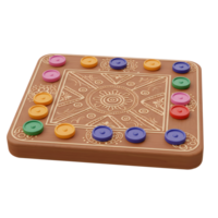A charming wooden board game features vibrant colored discs arranged on an intricately carved surface. The warm wood and cheerful colors create a delightful and inviting atmosphere. png