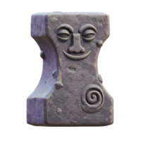 A whimsical stone anvil, weathered and worn, features a carved face with a serene smile. Intricate details and a spiral design add to its charm. Mystical and serene. png