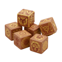 Intriguing brown stone dice, intricately carved with ancient tribal symbols, masks, and sun motifs, rest on a white background, creating a mystical and adventurous feel. png